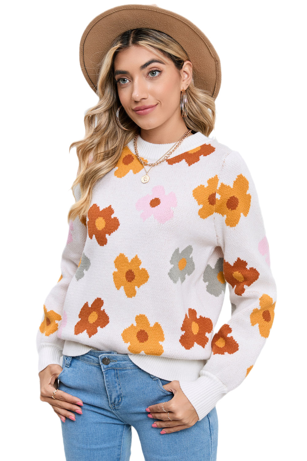 Pink Sweet Flower Ribbed Contrast Knitted Sweater