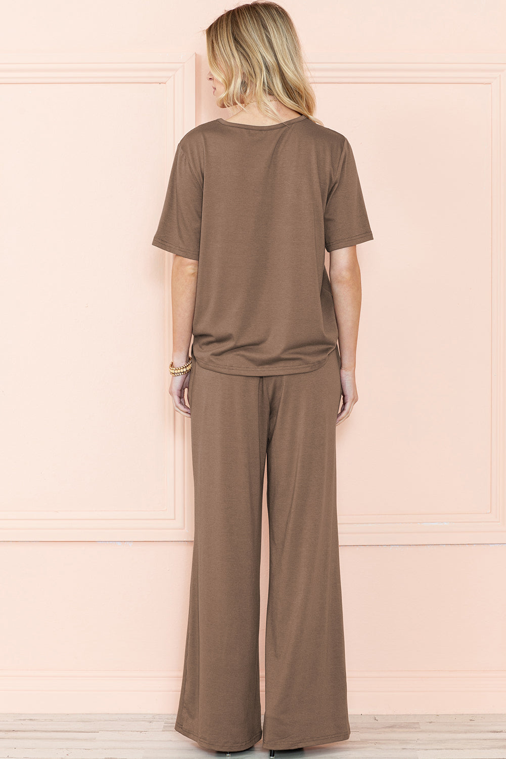 Smoke Gray Solid Color T-Shirt and Wide Leg Pants Set