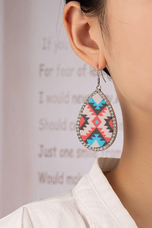 Teardrop Aztec drop earrings with rhinestones