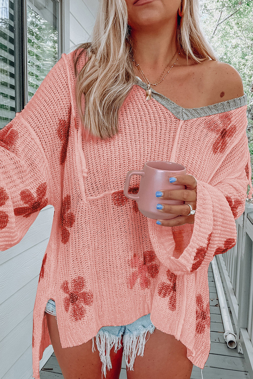 White Floral Print Oversized Knit Hooded Sweater