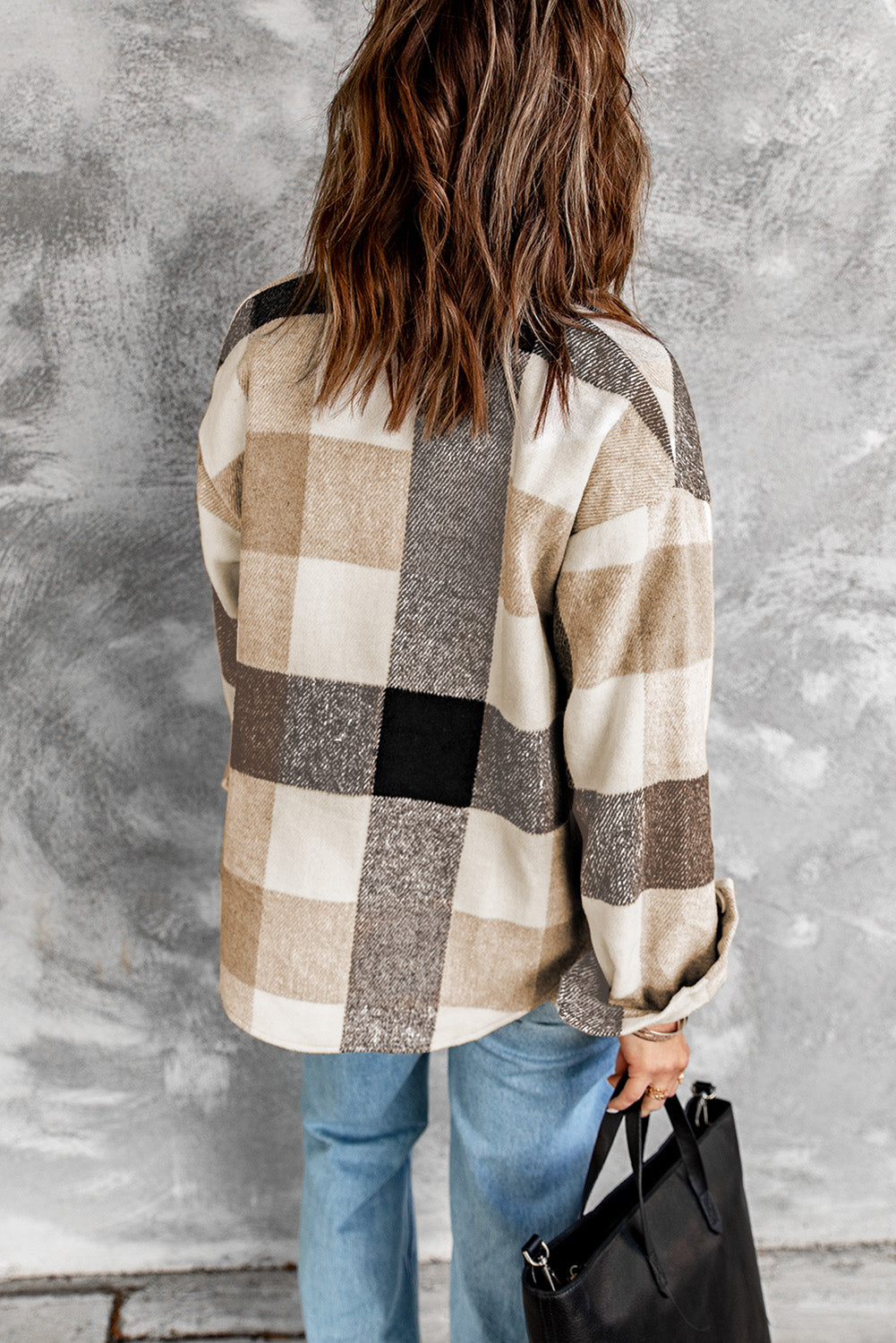 Khaki Plaid Color Block Buttoned Pocketed Shacket