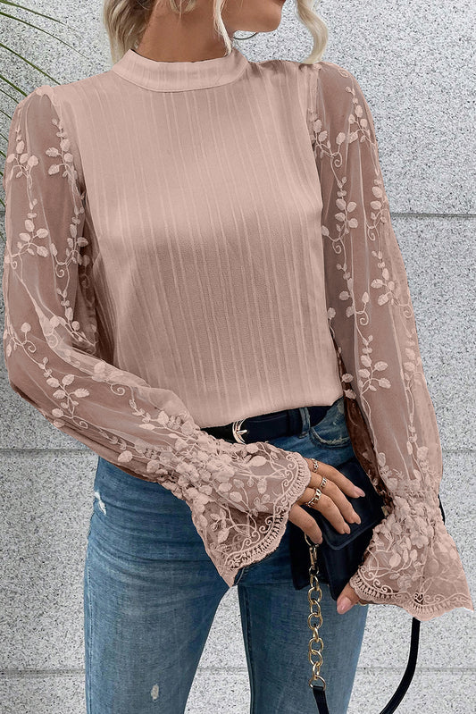 Apricot Pink Textured Contrast Lace Sleeve Mock Neck Blouse