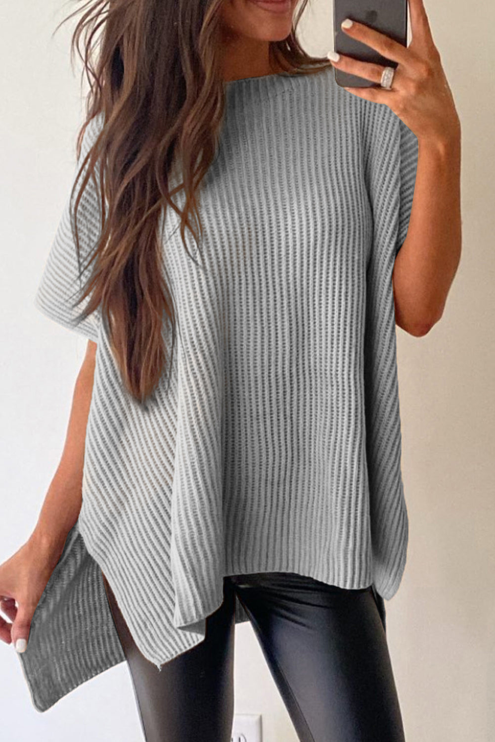 Gray Side Slit Short Dolman Sleeve Knitted Oversized Top