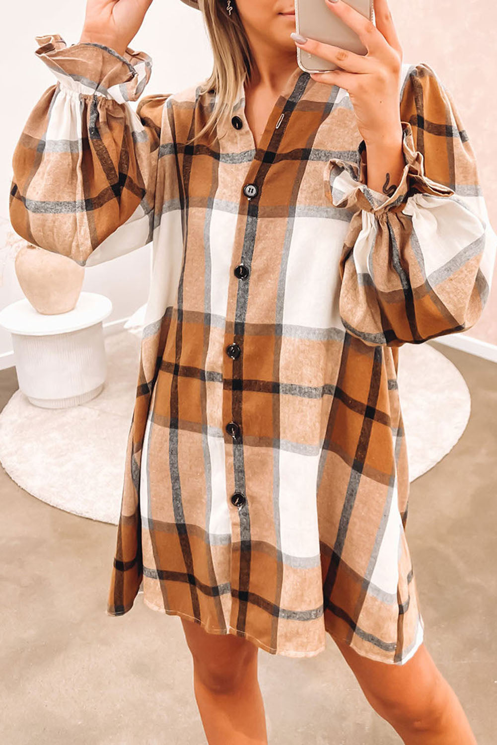 Brown Plaid Collared Ruffle Sleeve Button Up Shirt Dress