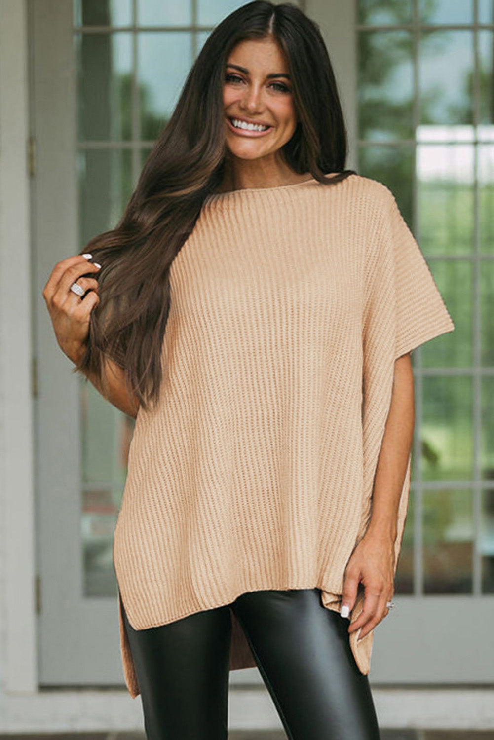 Gray Side Slit Short Dolman Sleeve Knitted Oversized Top