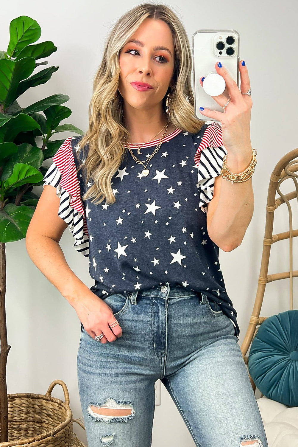 Gray Striped Ruffled Sleeve Star Print T Shirt