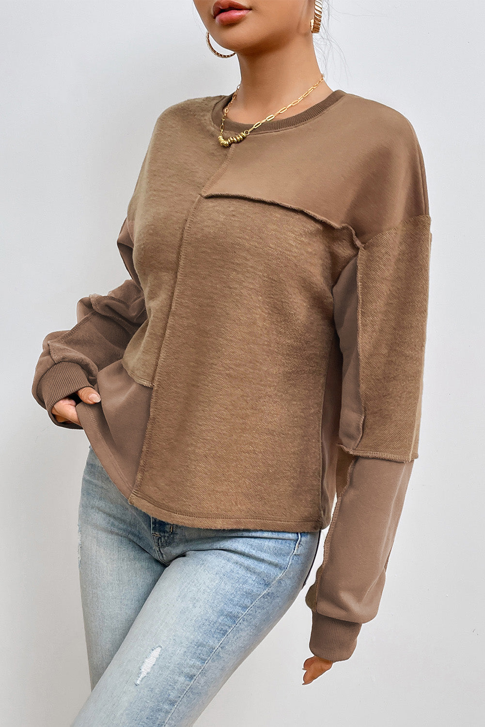 Coffee Solid Exposed Seam Pullover Sweatshirt