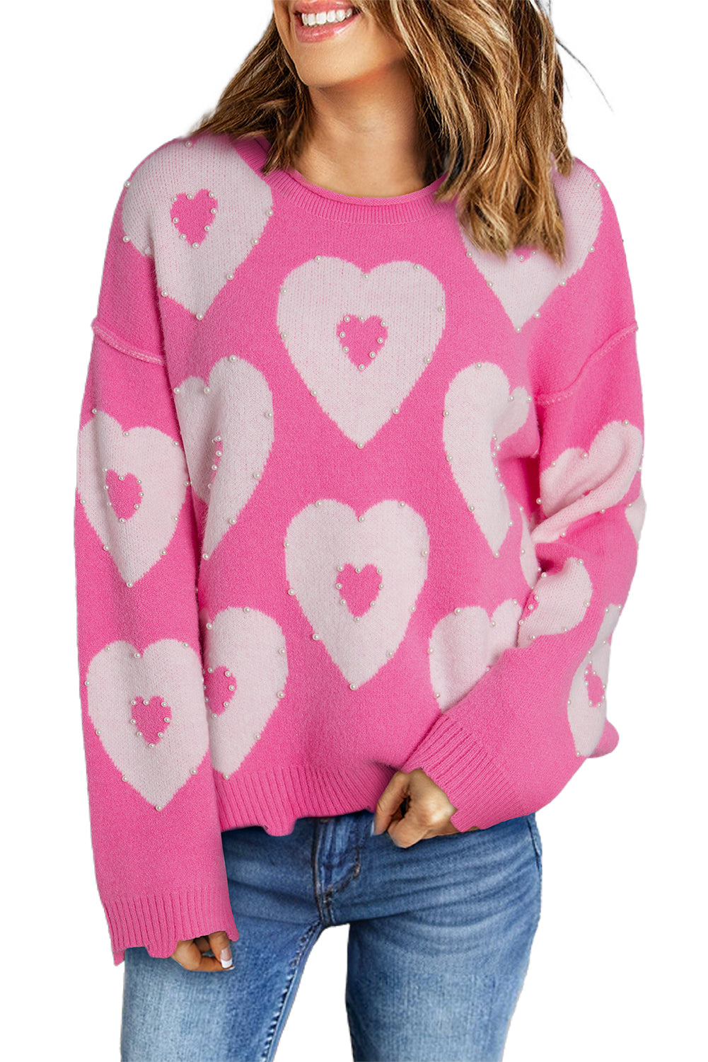 Bonbon Pearl Beaded Floral Drop Shoulder Sweater