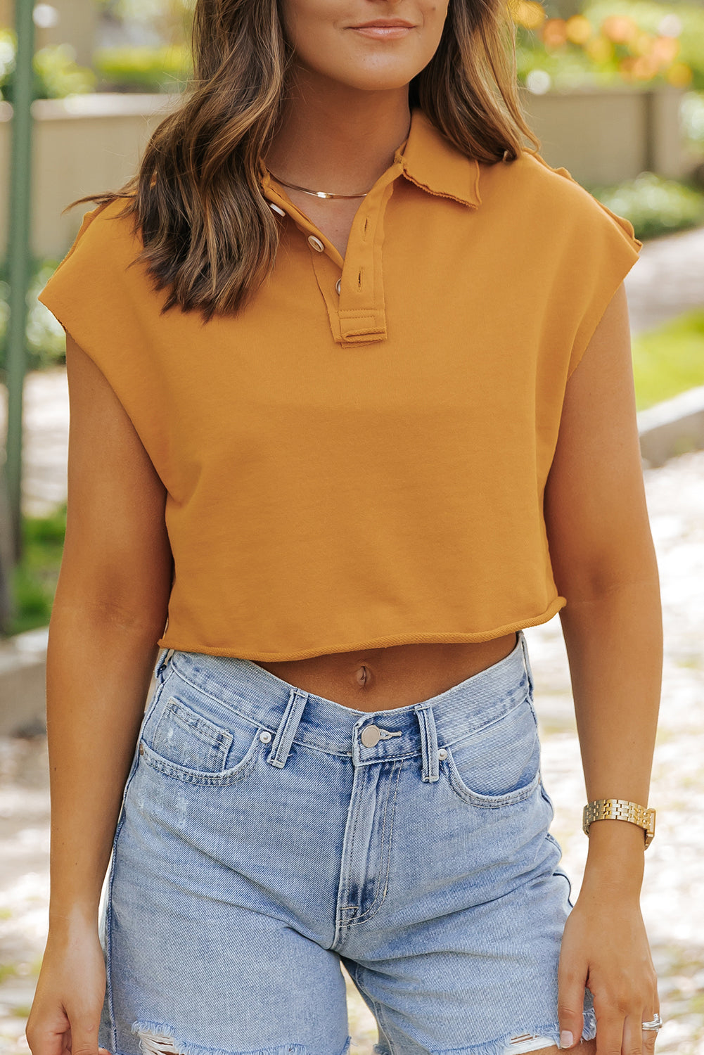 Camel Raw Edge Trim Polo Collar Cropped Tee