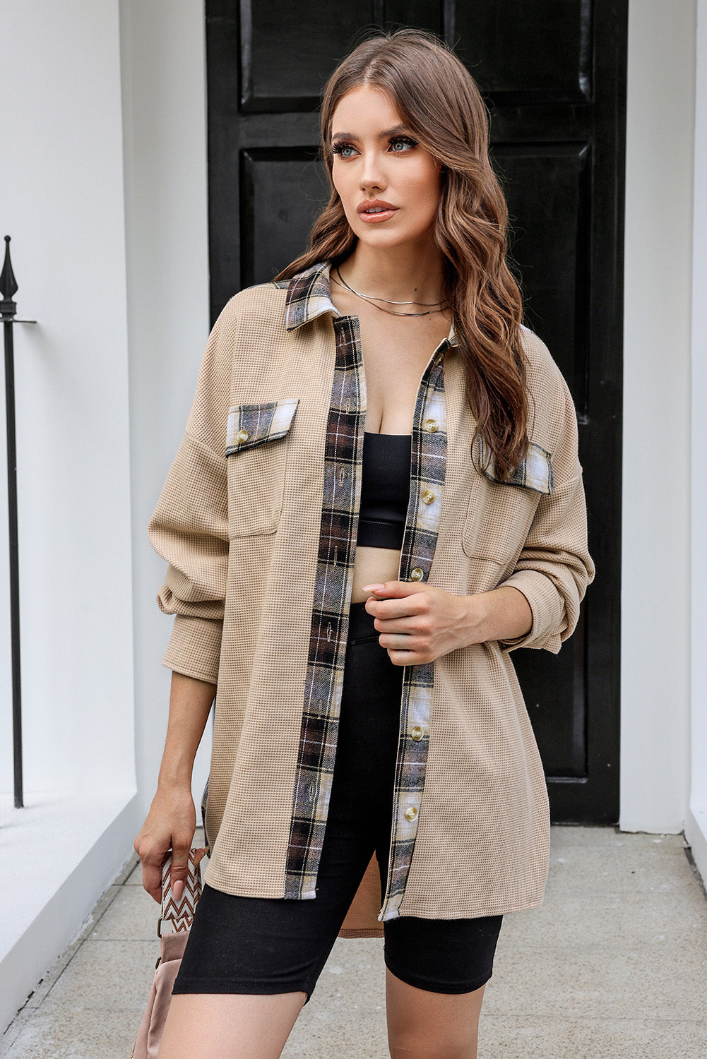 Apricot Plaid and Thermal Waffle Patchwork Shacket