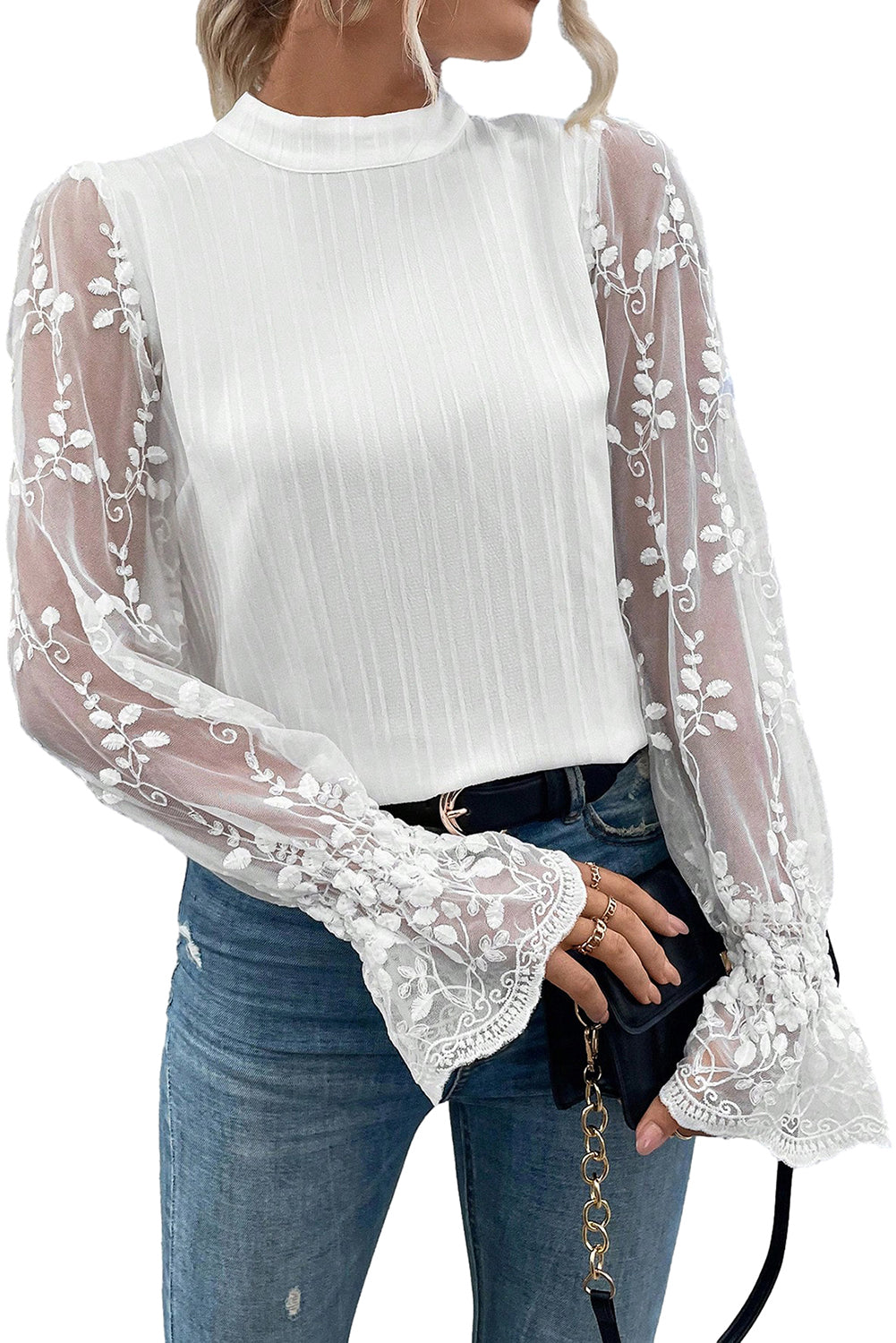 Apricot Pink Textured Contrast Lace Sleeve Mock Neck Blouse