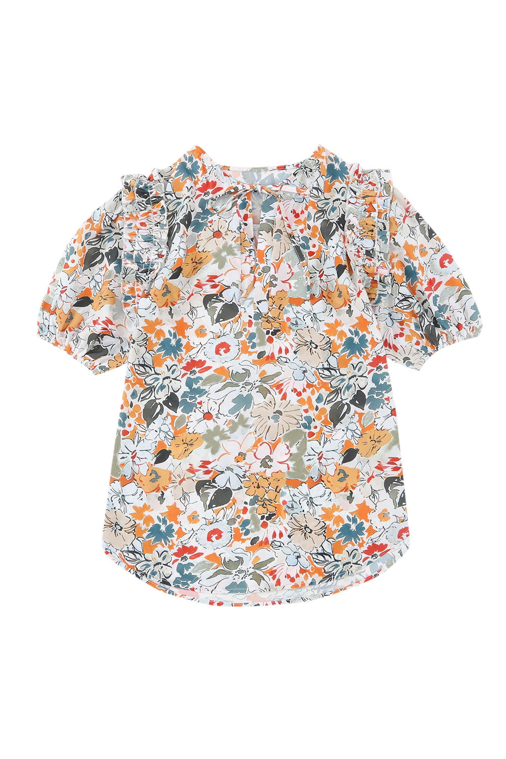 Multicolor Split V Neck Puff Sleeve Floral Print Blouse