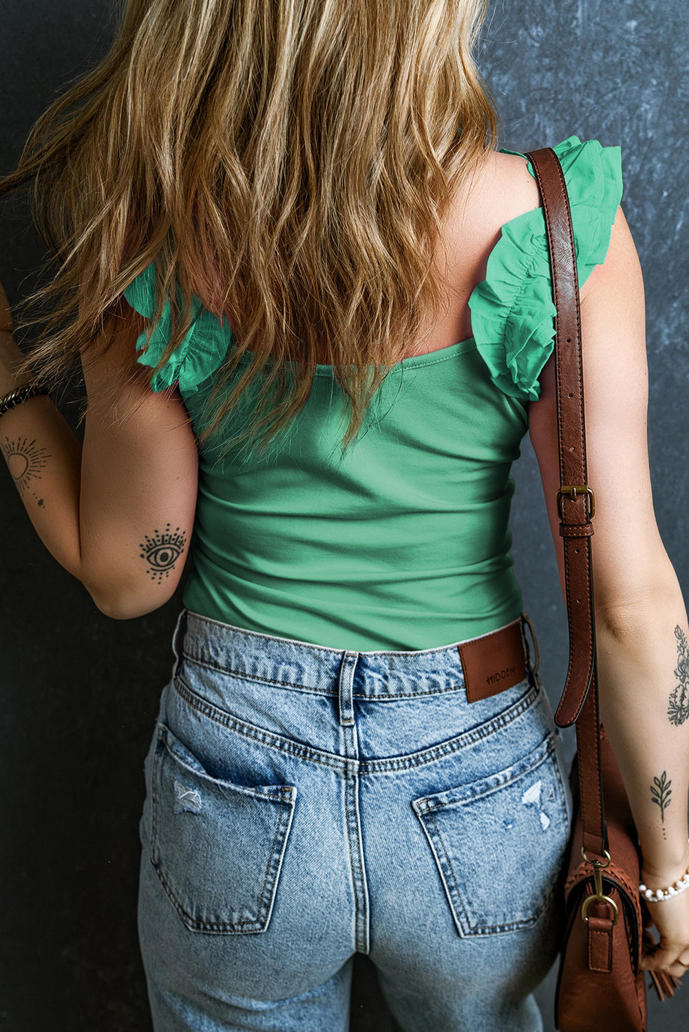 Mint Green Solid Color Ruffle Strap Top