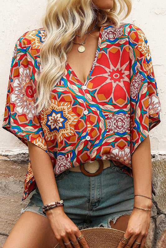 Red Floral Print V Neck Button Decor Batwing Top