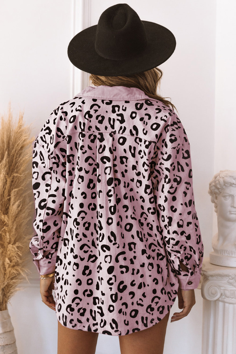 Pink Leopard Collared Neckline Flap Pockets Corduroy Shacket