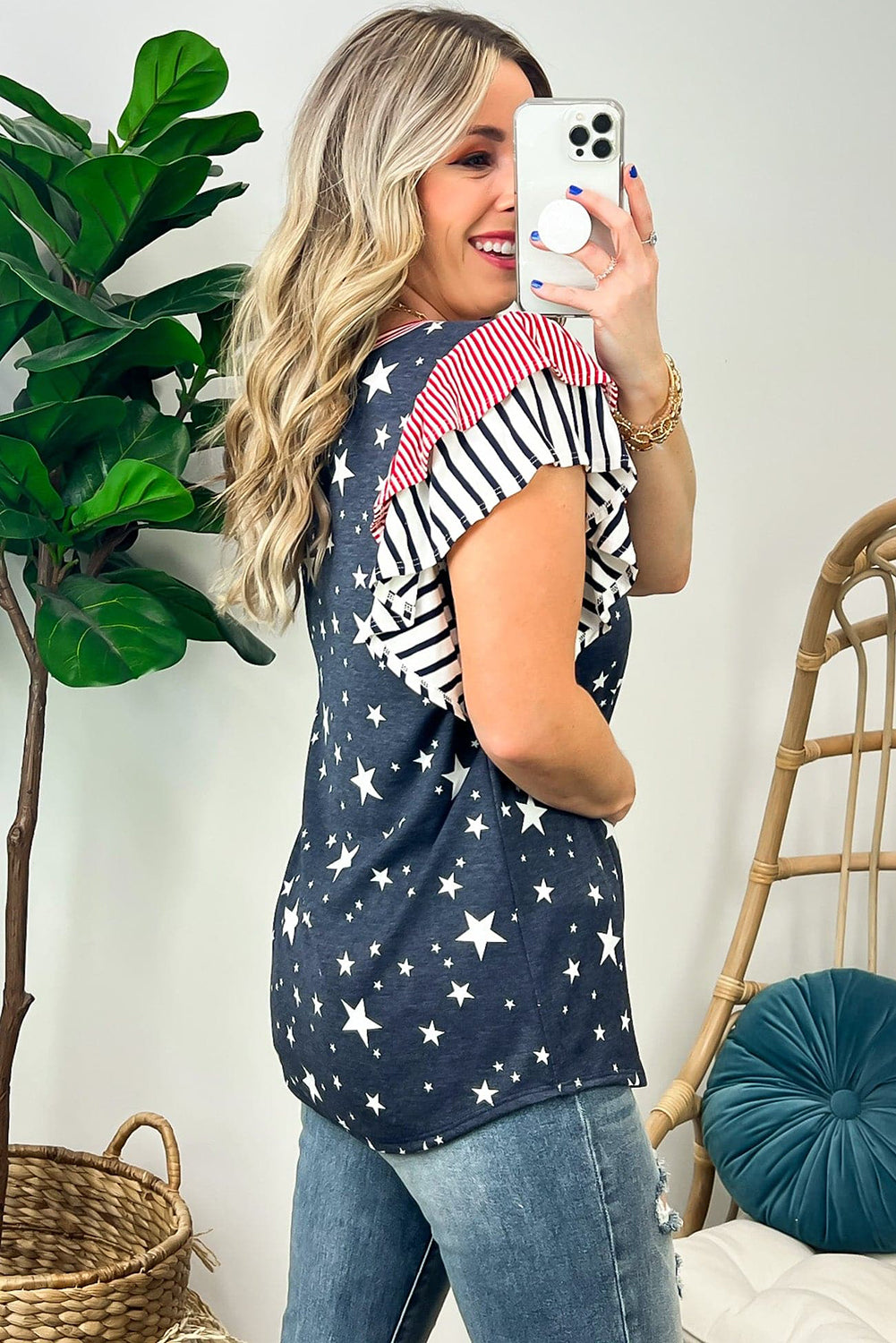 Gray Striped Ruffled Sleeve Star Print T Shirt