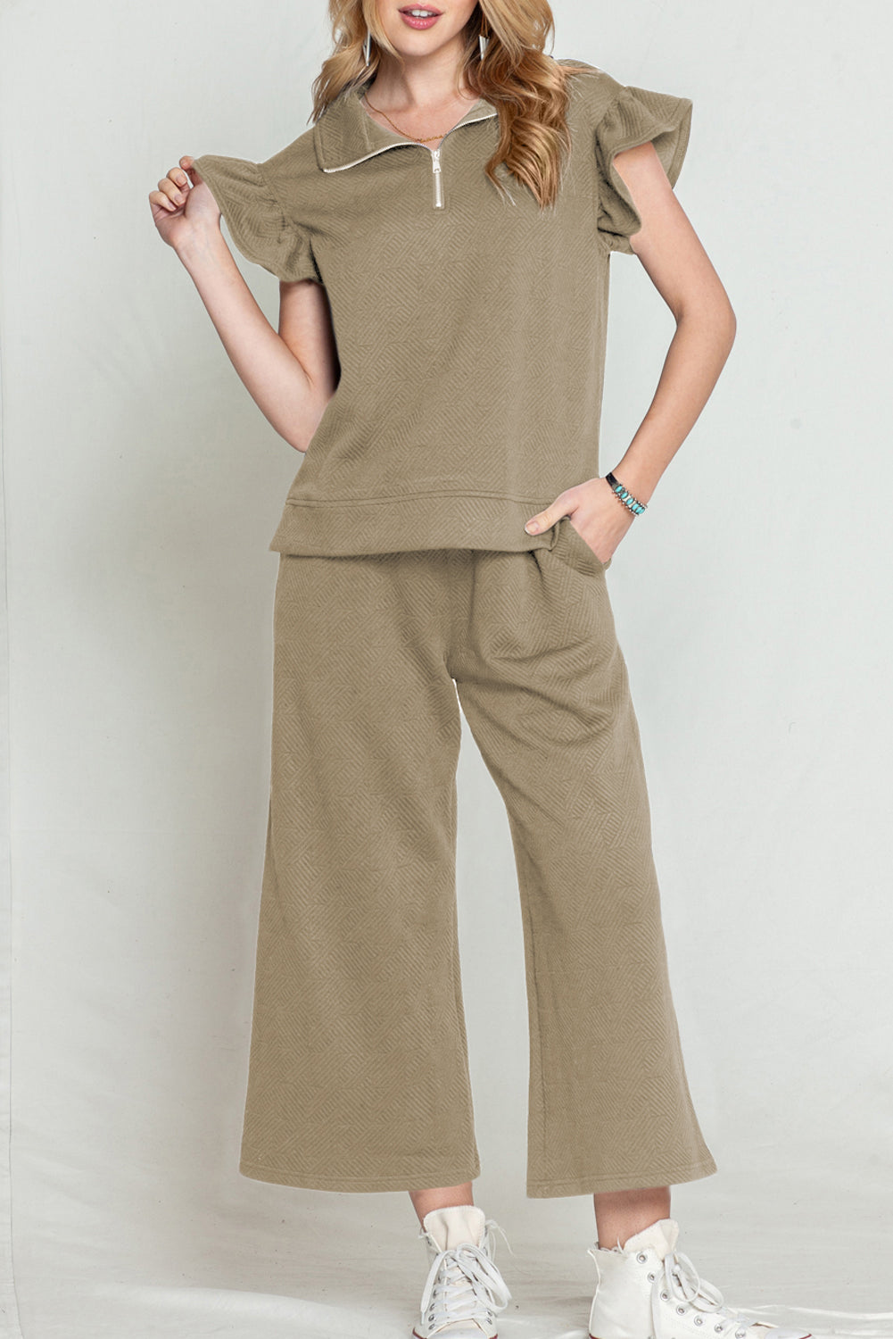 Khaki Textured Ruffle Cap Sleeve Top and Wide Leg Pants Set