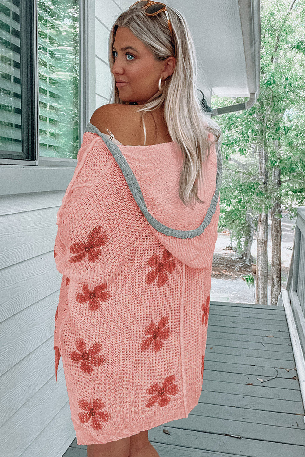White Floral Print Oversized Knit Hooded Sweater