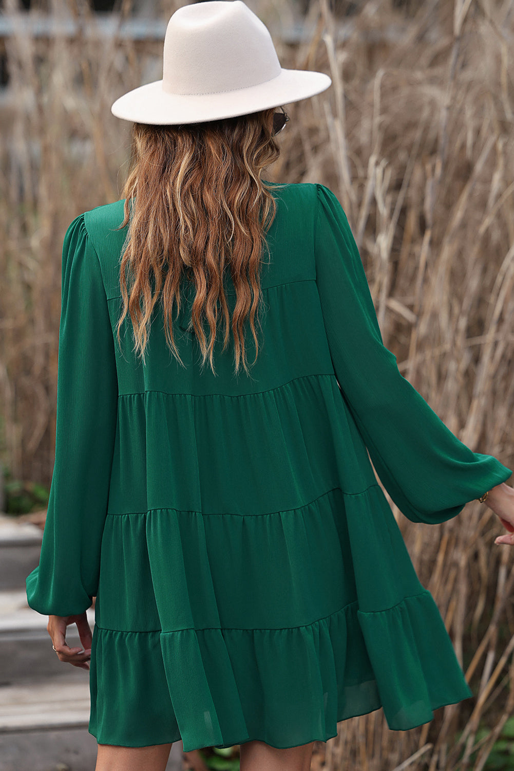 Green Puff Sleeve Mock Neck Back Knot Tiered Dress