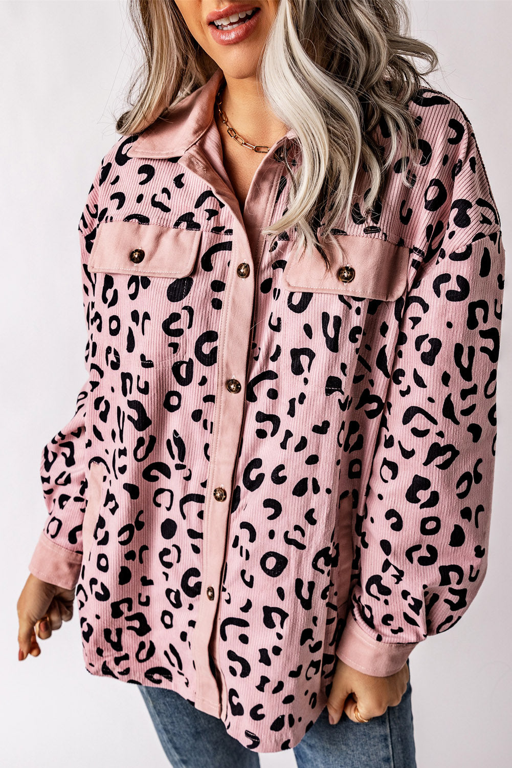 Pink Leopard Collared Neckline Flap Pockets Corduroy Shacket