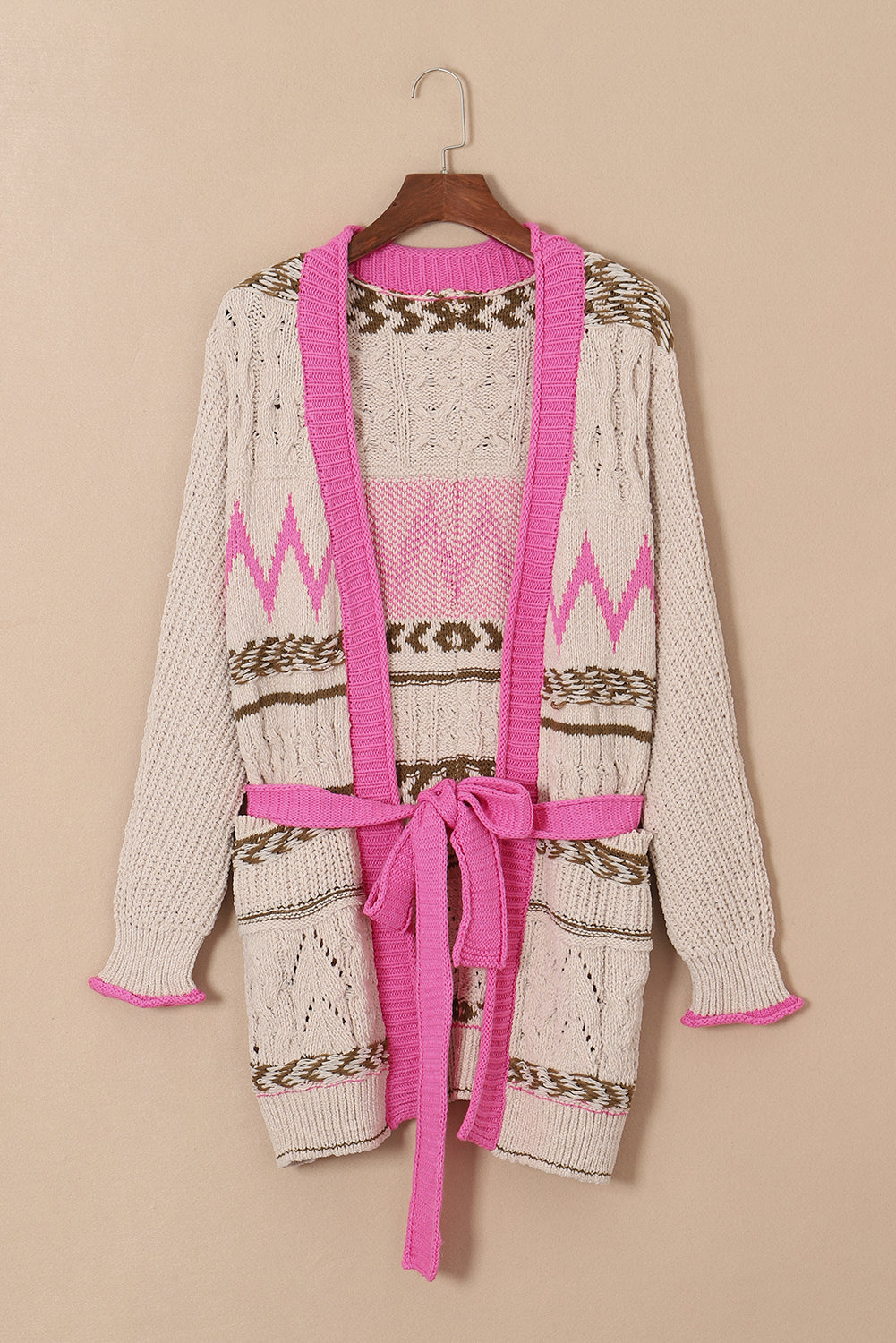 Gray Geometric Cable Knit Pocketed Open Front Cardigan