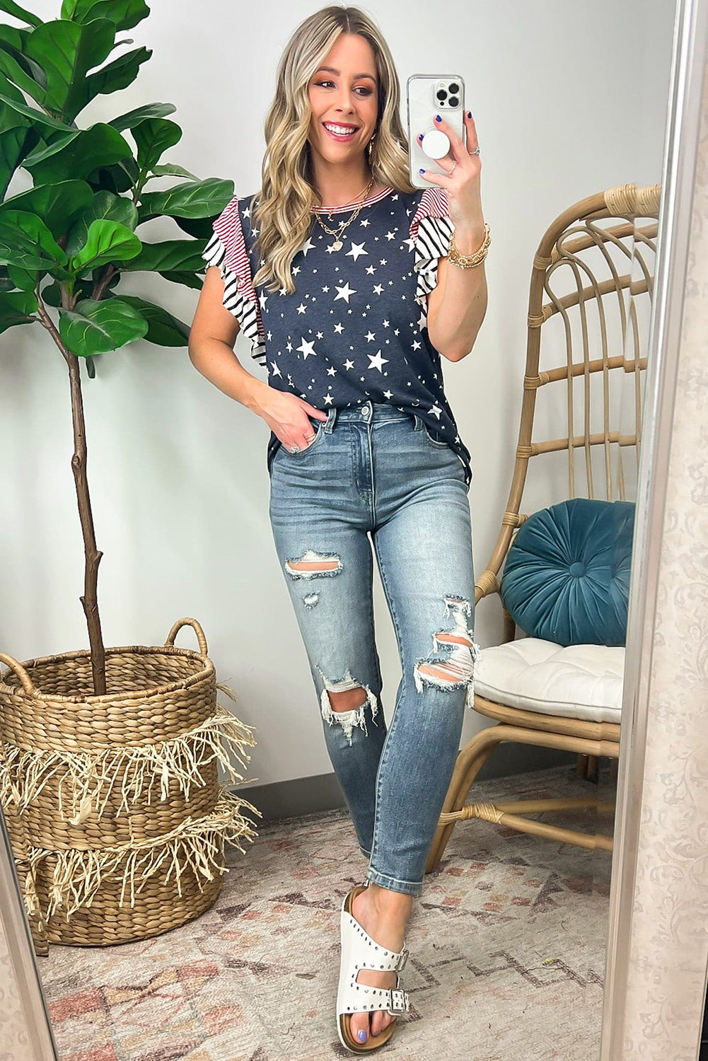 Gray Striped Ruffled Sleeve Star Print T Shirt