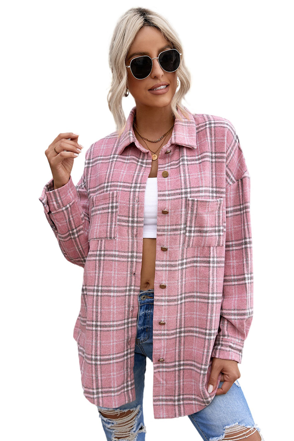 Pink Plaid Casual Button Up Shirt Shacket with Slits