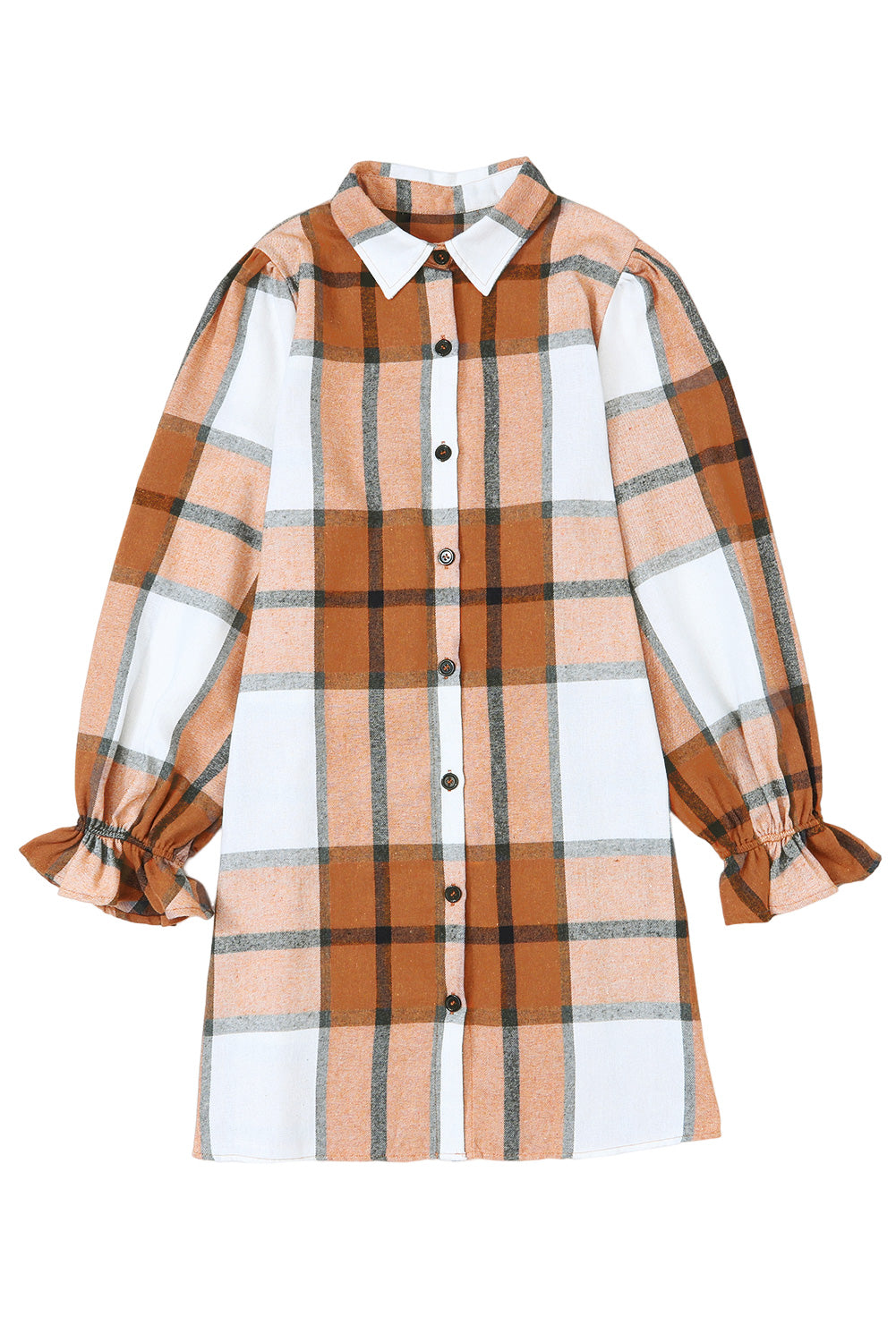 Brown Plaid Collared Ruffle Sleeve Button Up Shirt Dress