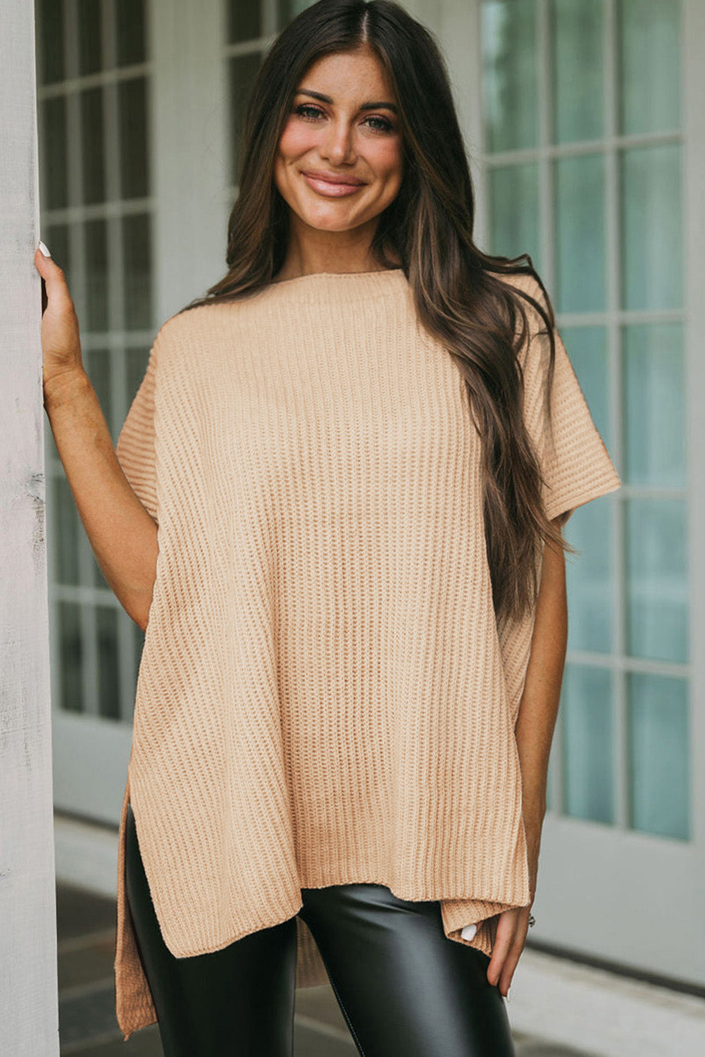 Gray Side Slit Short Dolman Sleeve Knitted Oversized Top