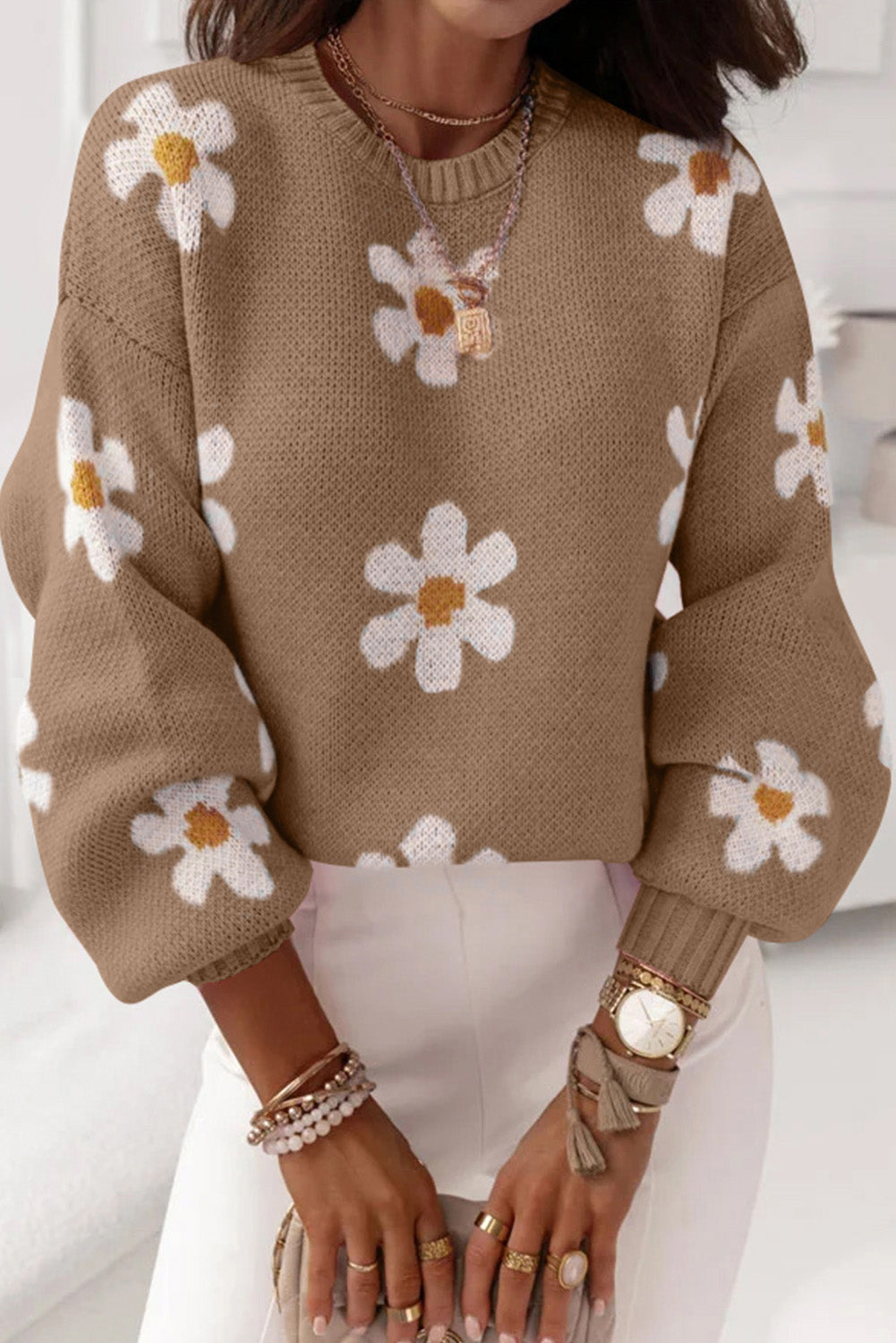 Pink Floral Pattern Drop Shoulder Pullover Knit Sweater