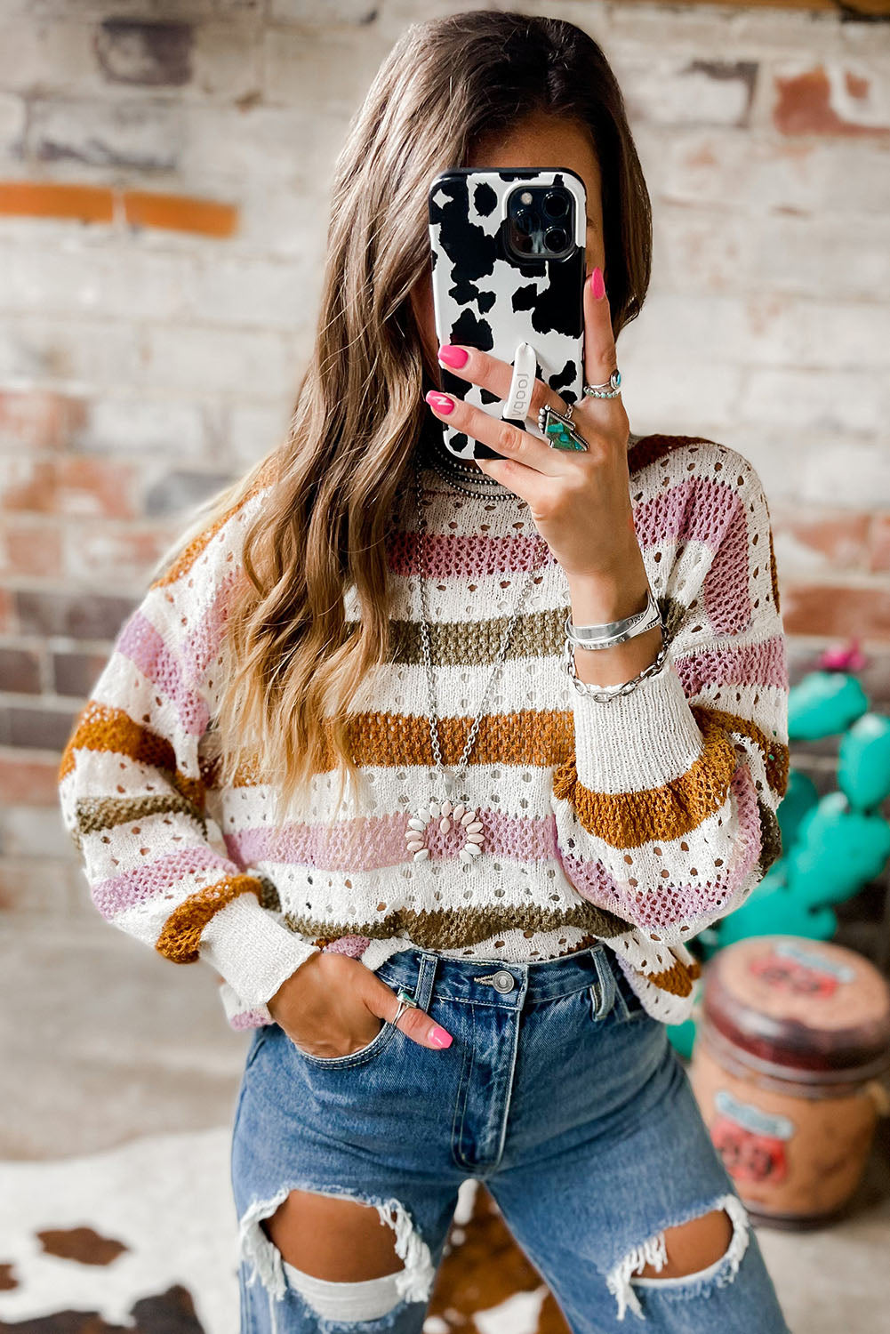 Multicolor Striped Hollowed Knitted Loose Sweater