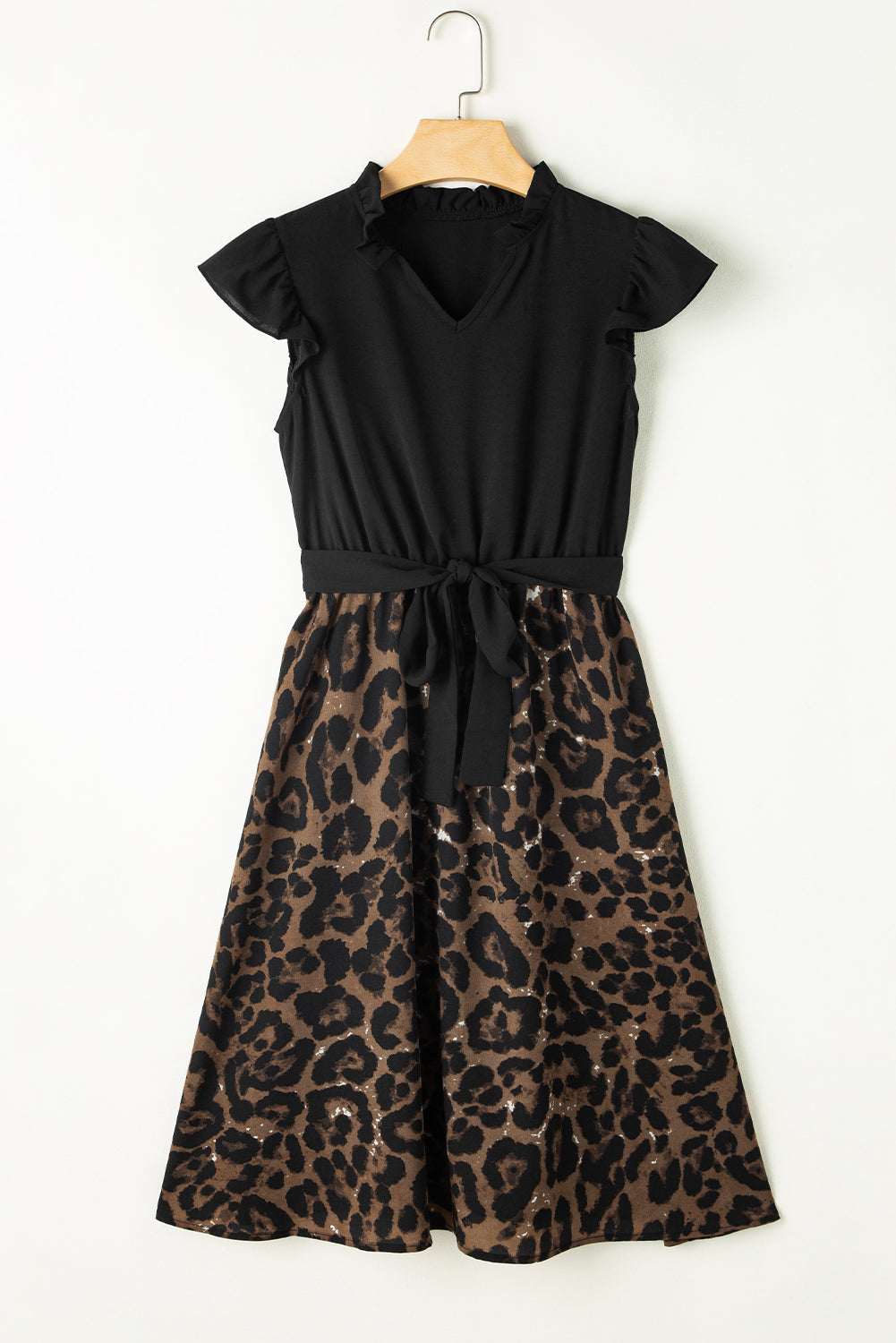 Black Flutter Sleeve Bodice Splicing Leopard Print Dress