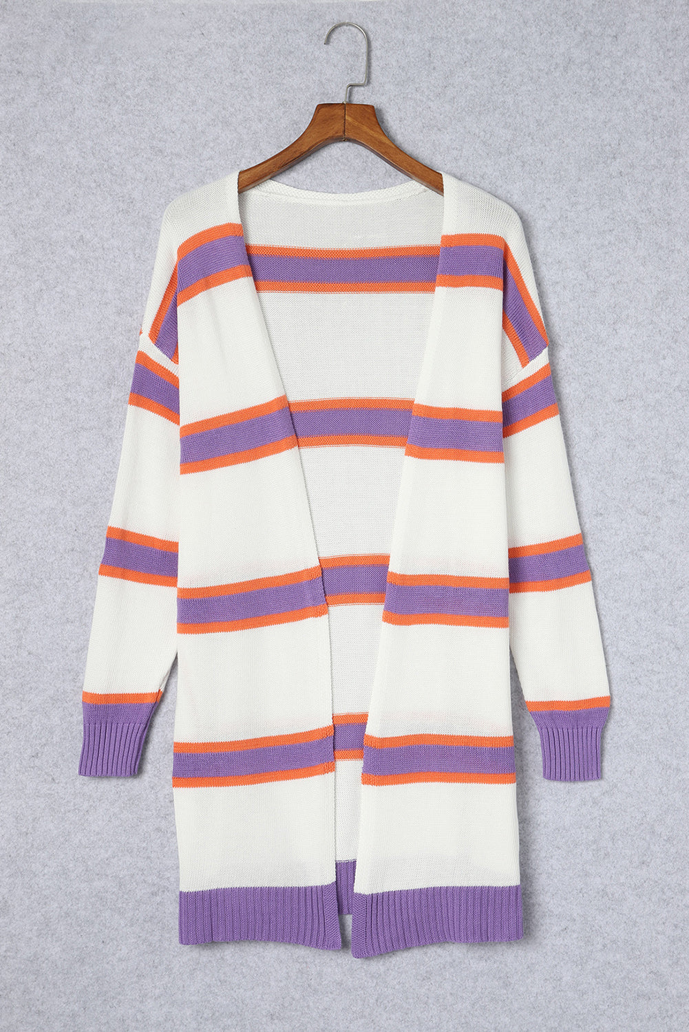 Multicolor Striped Ribbed Trim Long Cardigan