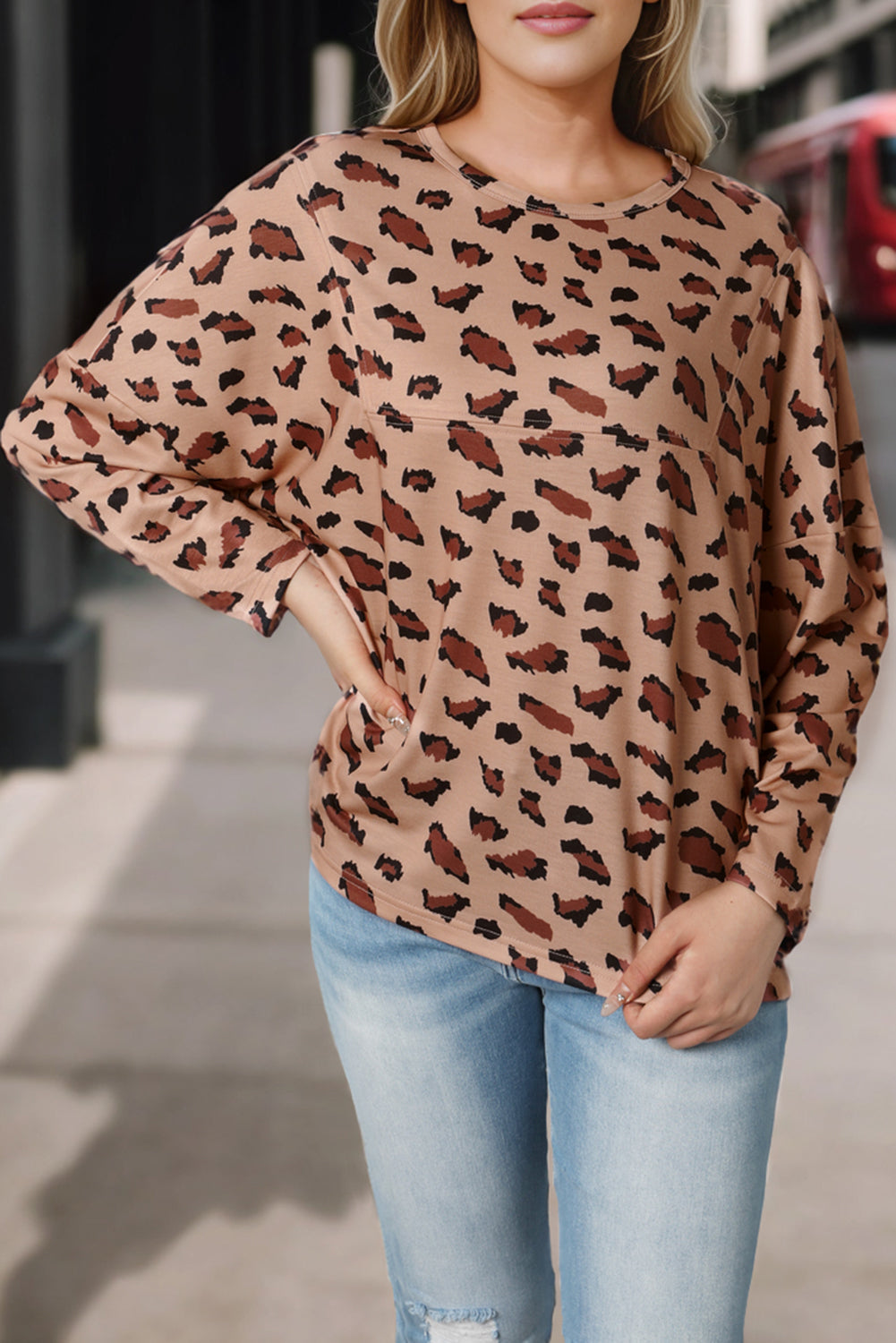 Brown Animal Print Stitching Loose Long Sleeve Top