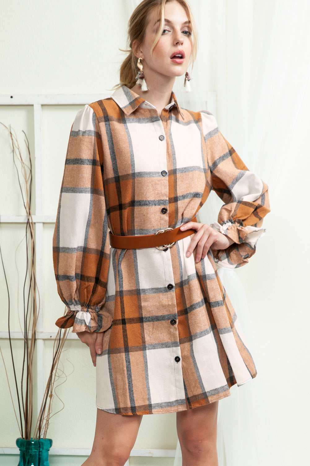 Brown Plaid Collared Ruffle Sleeve Button Up Shirt Dress