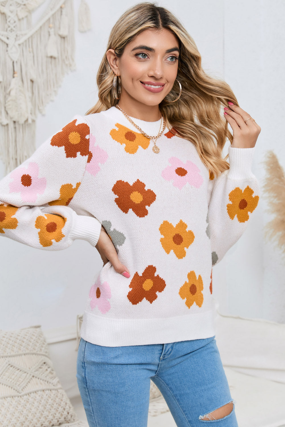 Pink Sweet Flower Ribbed Contrast Knitted Sweater