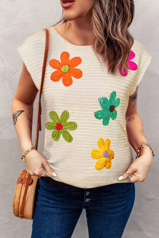 White Colorful Flower Crochet Knitted Top