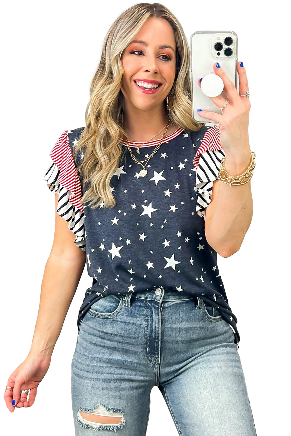 Gray Striped Ruffled Sleeve Star Print T Shirt