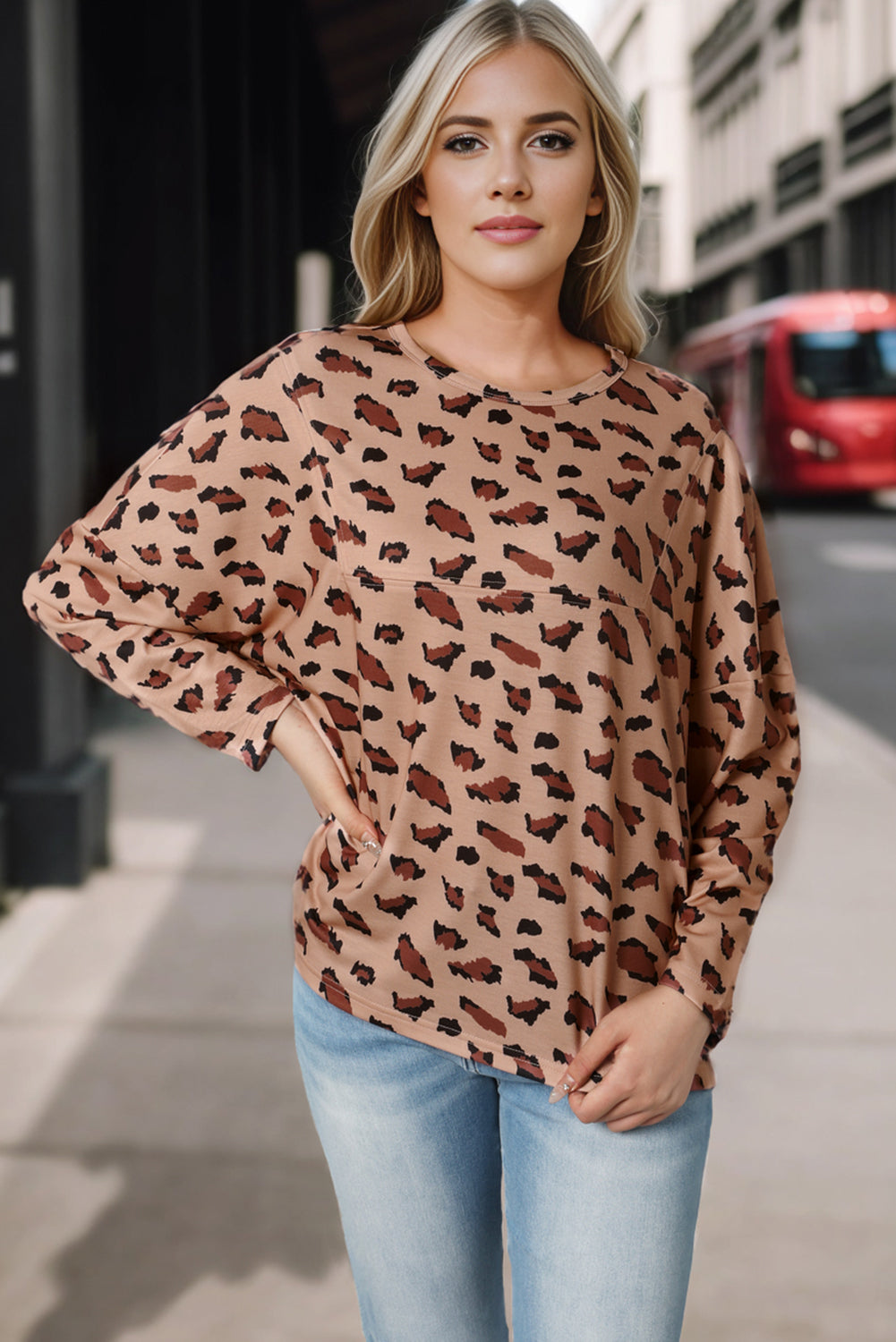 Brown Animal Print Stitching Loose Long Sleeve Top