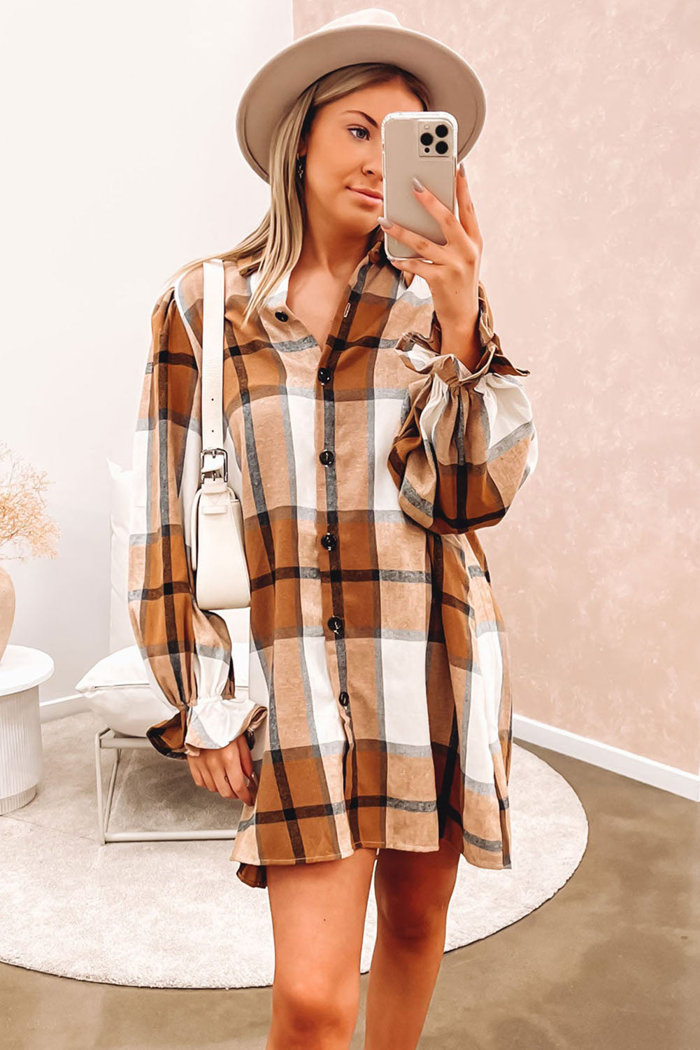 Brown Plaid Collared Ruffle Sleeve Button Up Shirt Dress