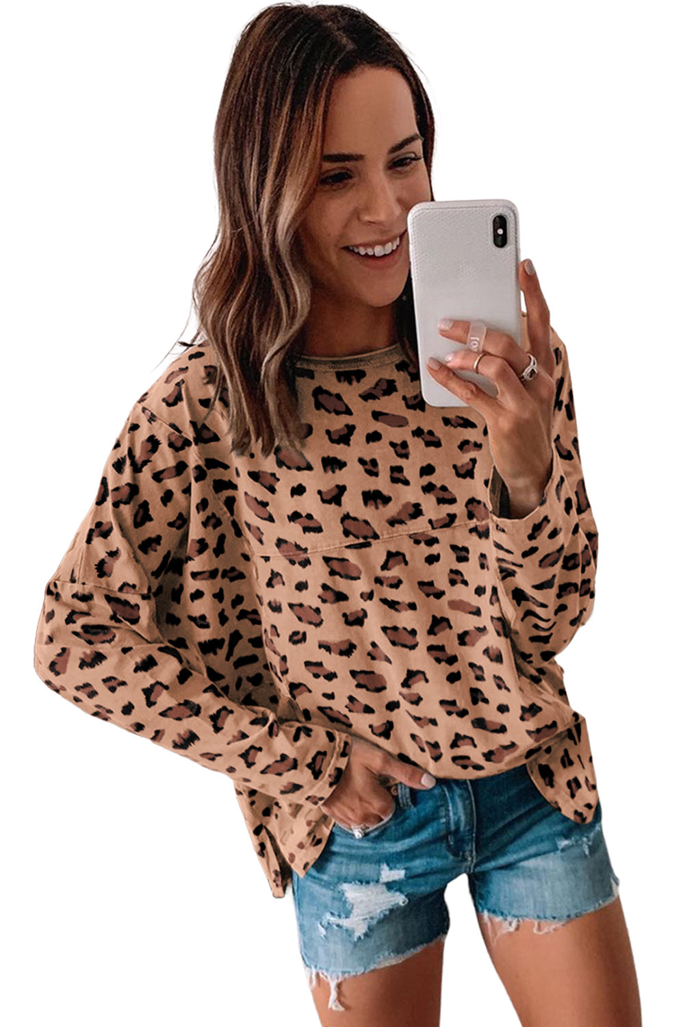 Brown Animal Print Stitching Loose Long Sleeve Top